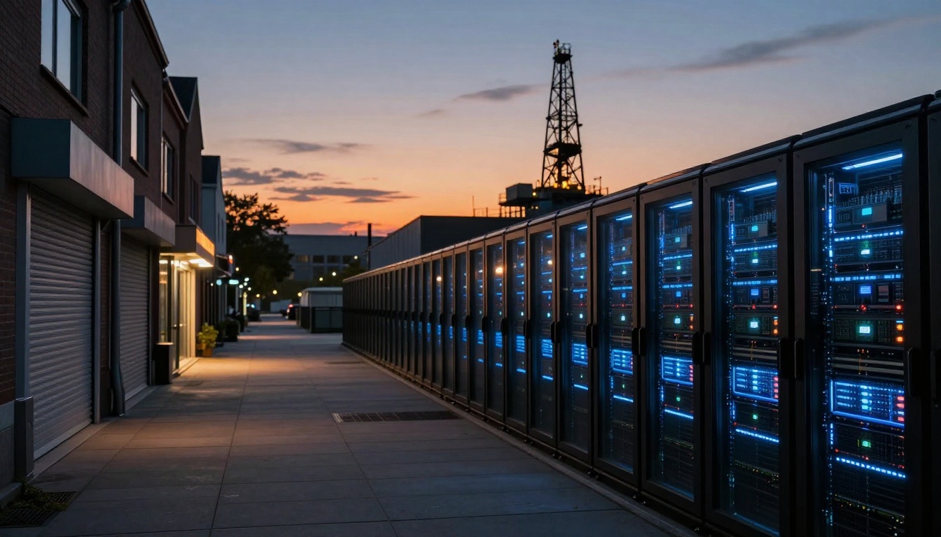 A row of illuminated server racks with blue and green lights stands on a sidewalk at dusk, next to a building. An oil rig is visible in the background.