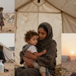 A collage of four images: A young girl in a floral dress walks near debris in a desert setting. A woman in a beige headscarf holds a child inside a tent. A woman and a child sit outside a tent with a water container nearby. A girl in a red hoodie looks at a sunset in a desert camp.