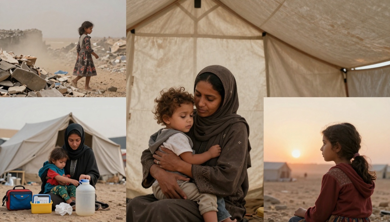 A collage of four images: A young girl in a floral dress walks near debris in a desert setting. A woman in a beige headscarf holds a child inside a tent. A woman and a child sit outside a tent with a water container nearby. A girl in a red hoodie looks at a sunset in a desert camp.