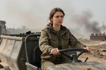A woman in a military jacket drives a vehicle through a dusty, rubble-strewn area. Smoke and fire are visible in the background.