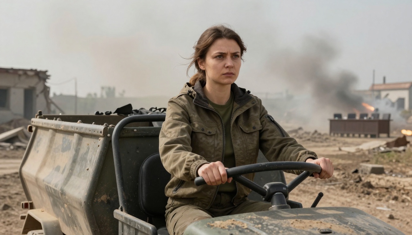 A woman in a military jacket drives a vehicle through a dusty, rubble-strewn area. Smoke and fire are visible in the background.