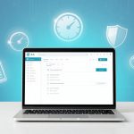 A laptop displaying a software interface with icons on the screen. The background features digital icons of a smartphone, speedometer, shield, and magnifying glass on a blue gradient.