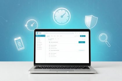 A laptop displaying a software interface with icons on the screen. The background features digital icons of a smartphone, speedometer, shield, and magnifying glass on a blue gradient.