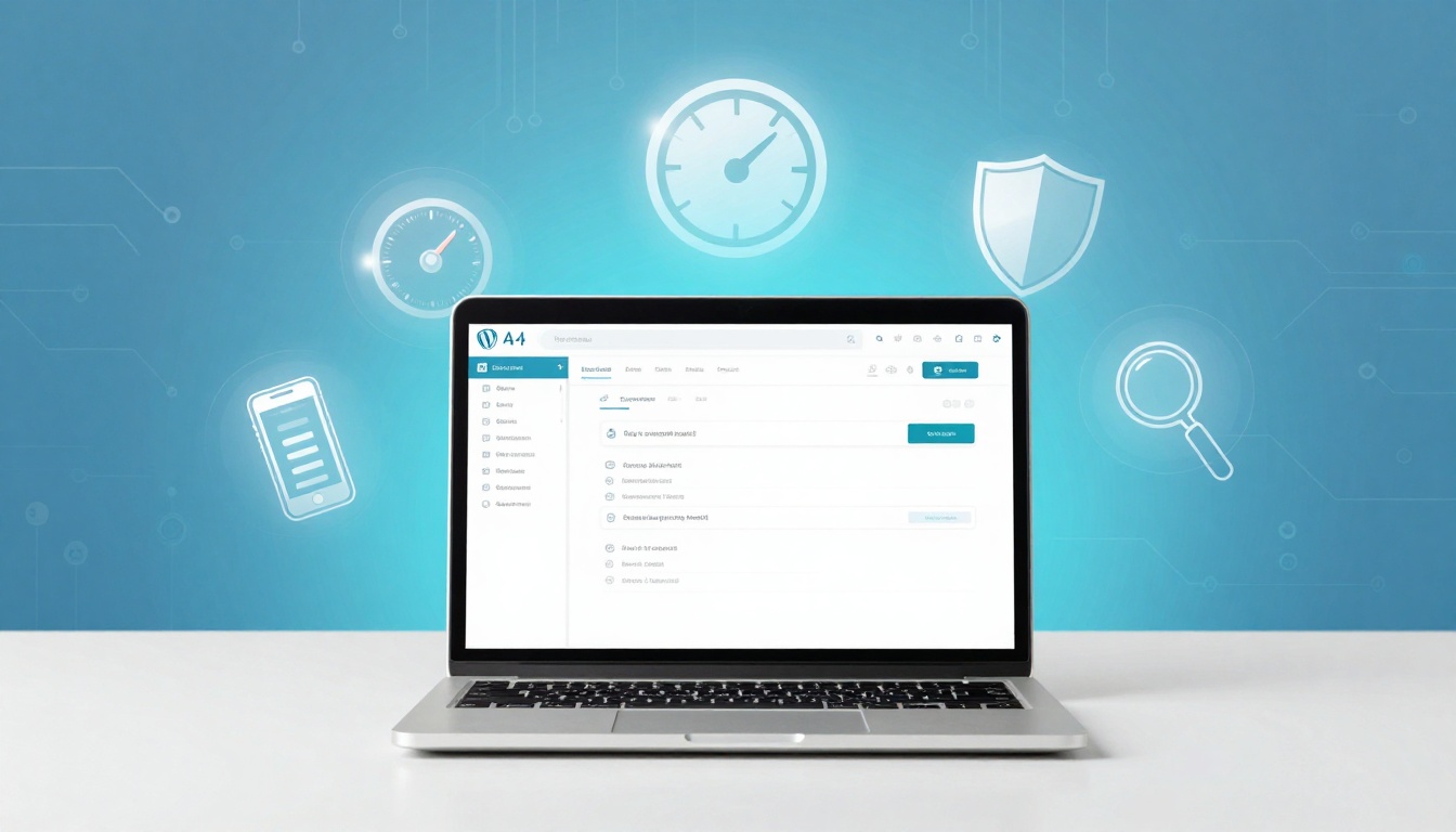 A laptop displaying a software interface with icons on the screen. The background features digital icons of a smartphone, speedometer, shield, and magnifying glass on a blue gradient.