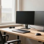 A home office setup with a wooden desk featuring two black monitors, a closed laptop, a mouse, and a coiled cable. A black office chair is positioned at the desk. Two small potted plants are by the window, which lets in natural light.