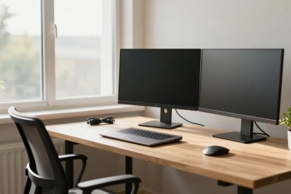 A home office setup with a wooden desk featuring two black monitors, a closed laptop, a mouse, and a coiled cable. A black office chair is positioned at the desk. Two small potted plants are by the window, which lets in natural light.