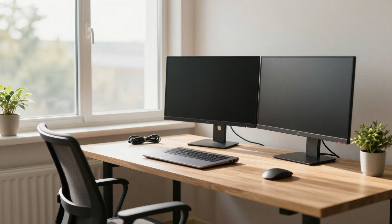 A home office setup with a wooden desk featuring two black monitors, a closed laptop, a mouse, and a coiled cable. A black office chair is positioned at the desk. Two small potted plants are by the window, which lets in natural light.