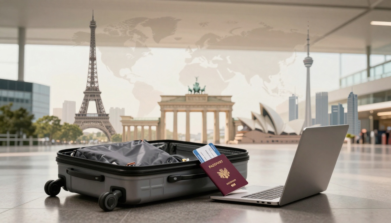Open suitcase with clothes, a passport, and boarding pass next to a laptop on a shiny floor. Background features iconic landmarks like the Eiffel Tower and Sydney Opera House.