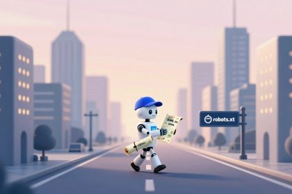 A cartoon robot wearing a blue cap walks down a city street holding a newspaper and rolled-up document. Buildings and a "robots.txt" sign are in the background.