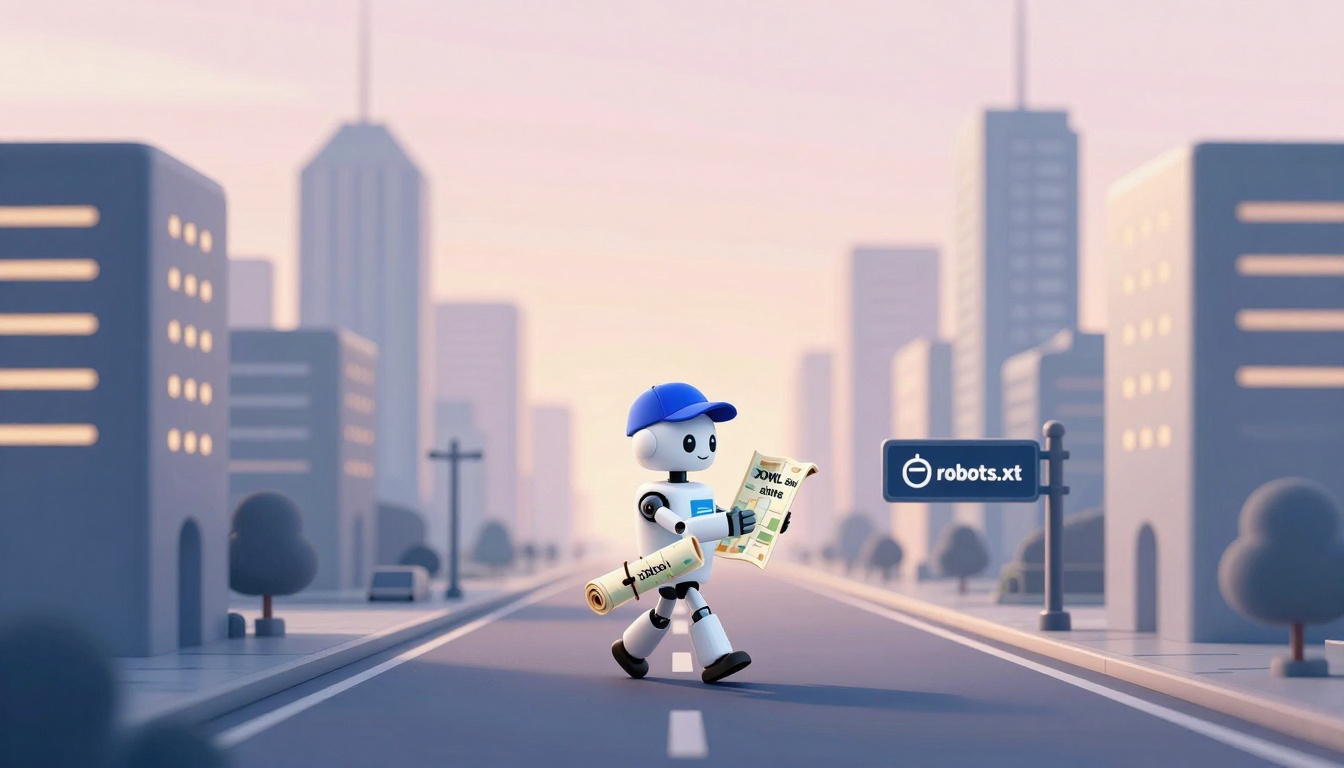A cartoon robot wearing a blue cap walks down a city street holding a newspaper and rolled-up document. Buildings and a "robots.txt" sign are in the background.