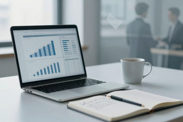 A laptop displaying bar charts sits on a desk next to a notebook with a pen and a white coffee mug. Two blurred figures are in the background.