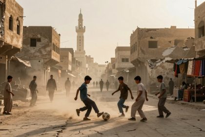 Five boys play soccer on a dusty street lined with damaged buildings and market stalls. A minaret is visible in the background.