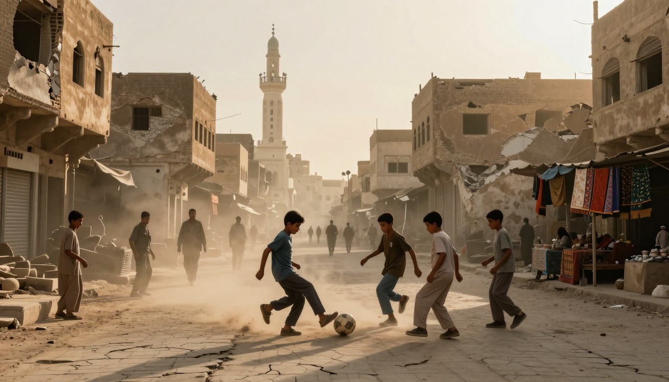 Five boys play soccer on a dusty street lined with damaged buildings and market stalls. A minaret is visible in the background.