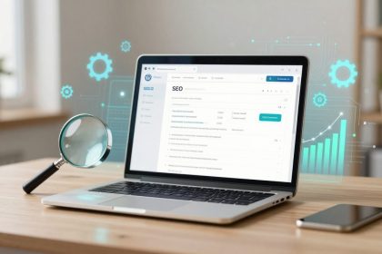 A laptop displaying an SEO dashboard is on a wooden desk, accompanied by a magnifying glass and a smartphone. Digital graphics of gears and a bar chart hover near the screen.