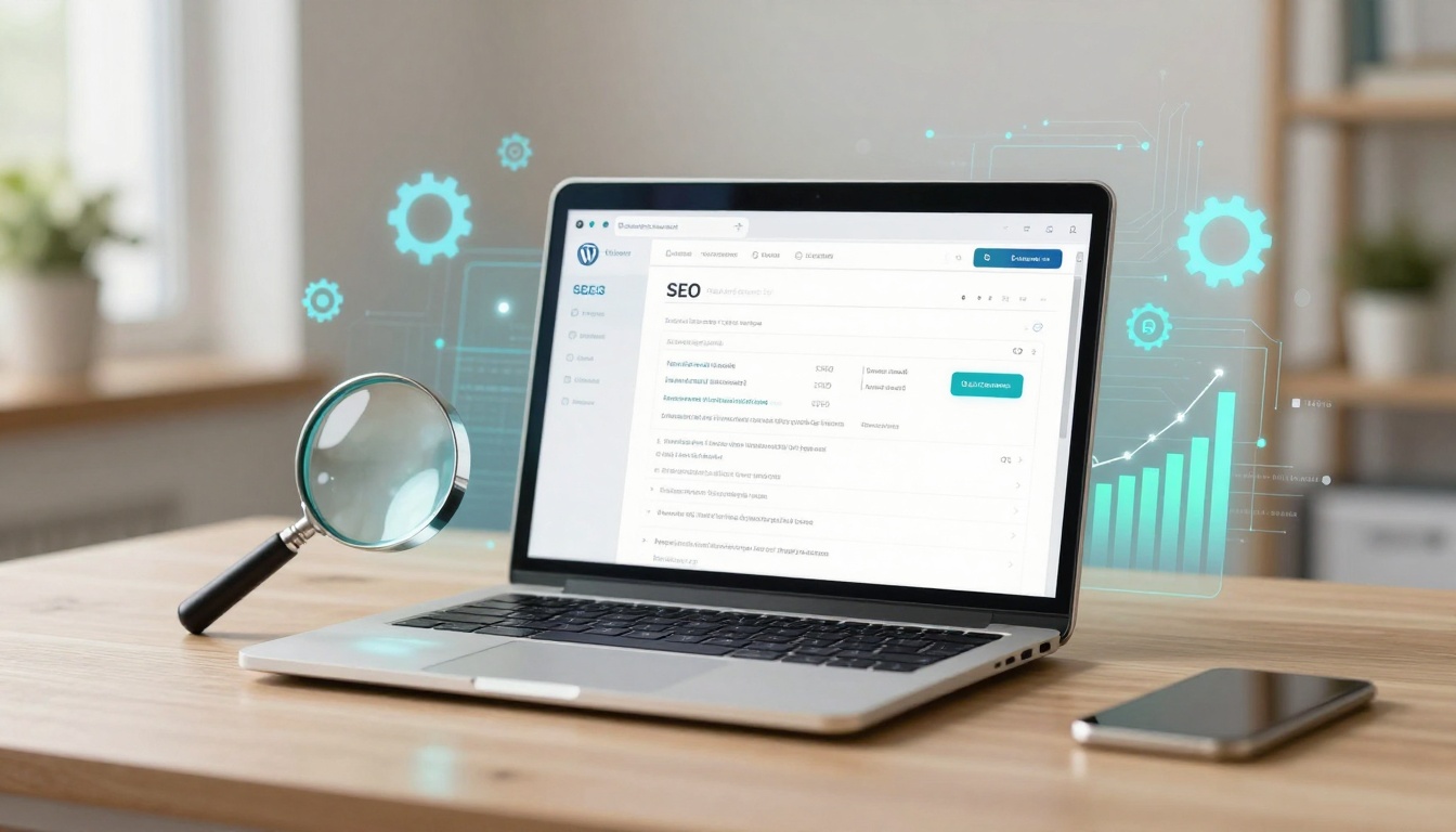 A laptop displaying an SEO dashboard is on a wooden desk, accompanied by a magnifying glass and a smartphone. Digital graphics of gears and a bar chart hover near the screen.