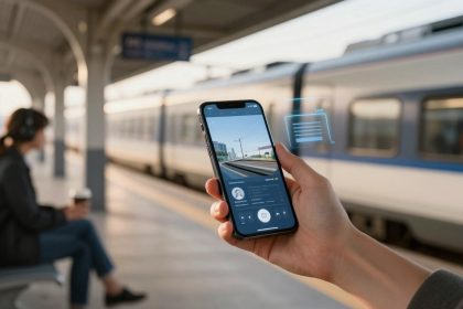 A person holds a smartphone displaying a train station app, with a train in motion in the background. Another person sits on a bench, wearing headphones and holding a coffee cup. The scene is set at a train station platform with a modern, open design.