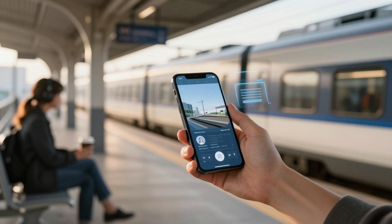 A person holds a smartphone displaying a train station app, with a train in motion in the background. Another person sits on a bench, wearing headphones and holding a coffee cup. The scene is set at a train station platform with a modern, open design.