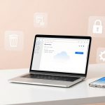 A laptop displaying a cloud storage interface sits on a white desk with a smartphone beside it. Icons of a trash can, document, lock, and gear hover above. A 2026 calendar is in the background against a beige wall.