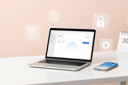 A laptop displaying a cloud storage interface sits on a white desk with a smartphone beside it. Icons of a trash can, document, lock, and gear hover above. A 2026 calendar is in the background against a beige wall.
