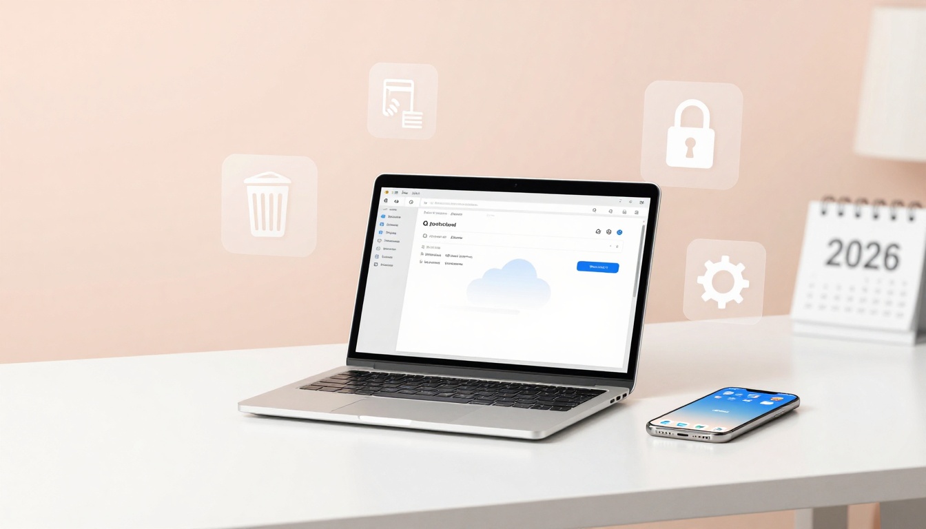 A laptop displaying a cloud storage interface sits on a white desk with a smartphone beside it. Icons of a trash can, document, lock, and gear hover above. A 2026 calendar is in the background against a beige wall.