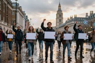 A group of people walking on a wet street, holding blank protest signs. They are raising fists in the air. The background shows historic buildings and a clock tower under a cloudy sky.
