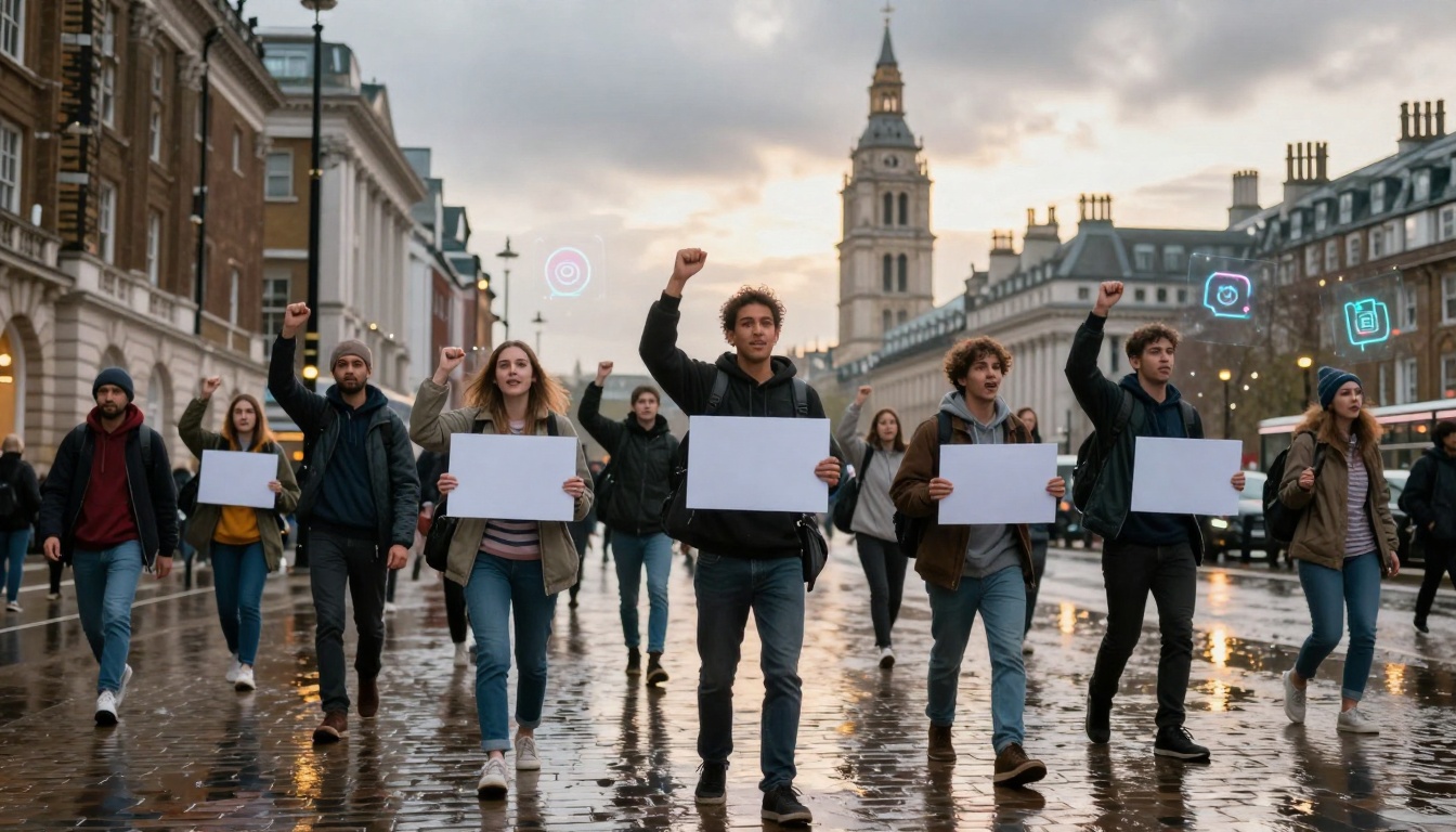 A group of people walking on a wet street, holding blank protest signs. They are raising fists in the air. The background shows historic buildings and a clock tower under a cloudy sky.