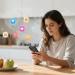 A woman in a casual gray shirt is seated at a wooden table in a kitchen, using a smartphone. Digital social media icons and a world map are projected in the background. A plate with a red and a green apple is on the table.