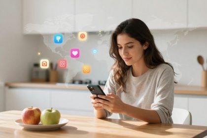 A woman in a casual gray shirt is seated at a wooden table in a kitchen, using a smartphone. Digital social media icons and a world map are projected in the background. A plate with a red and a green apple is on the table.