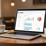 A laptop on a wooden table displaying YouTube analytics with graphs and charts. Two steaming cups of coffee are placed beside it in a cozy café setting.