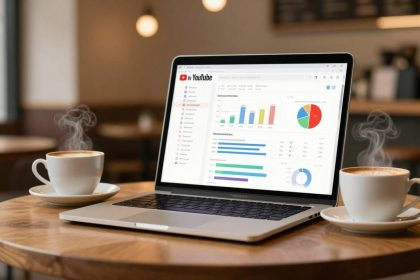 A laptop on a wooden table displaying YouTube analytics with graphs and charts. Two steaming cups of coffee are placed beside it in a cozy café setting.