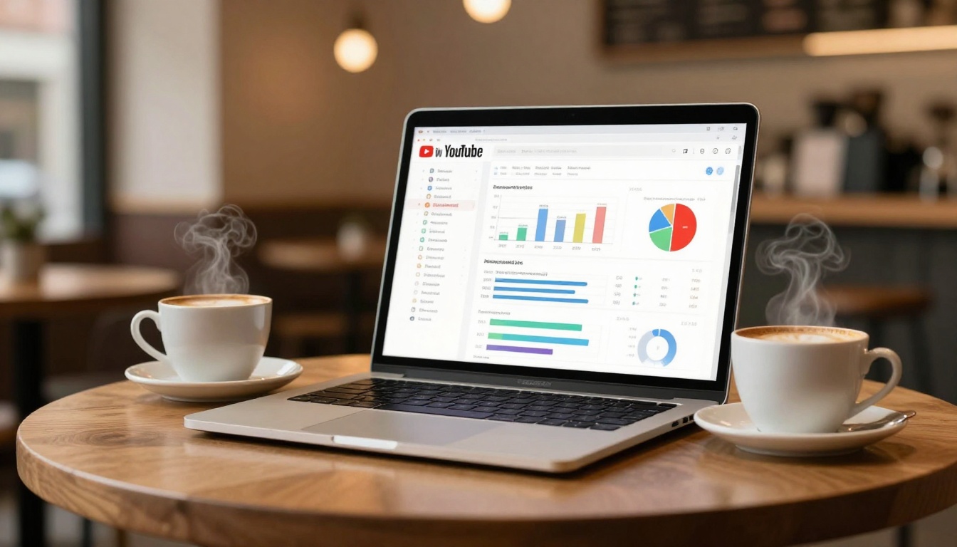 A laptop on a wooden table displaying YouTube analytics with graphs and charts. Two steaming cups of coffee are placed beside it in a cozy café setting.
