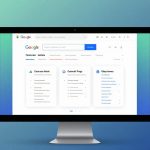 A computer monitor displays a Google search page with sections labeled "AI Costues Mnick," "Commdi Puigs," and "Ehep Ioows." The background is a gradient of green and blue with network lines.