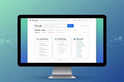 A computer monitor displays a Google search page with sections labeled "AI Costues Mnick," "Commdi Puigs," and "Ehep Ioows." The background is a gradient of green and blue with network lines.