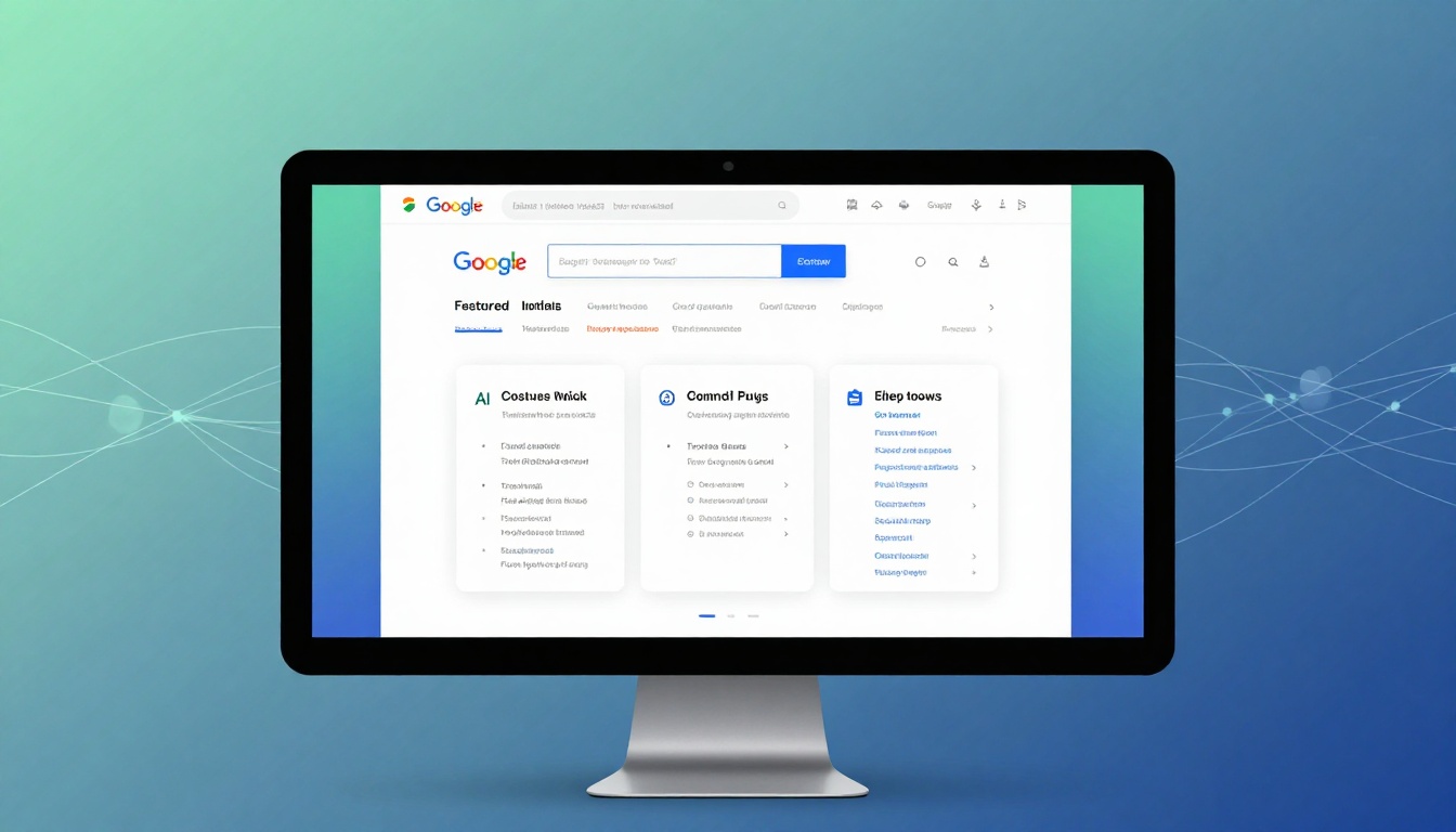 A computer monitor displays a Google search page with sections labeled "AI Costues Mnick," "Commdi Puigs," and "Ehep Ioows." The background is a gradient of green and blue with network lines.