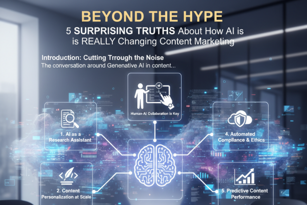 Futuristic office setting with a glowing digital brain hologram on a table. Text overlay reads "Beyond the Hype: 5 Surprising Truths About How AI is REALLY Changing Content Marketing." Five concepts are highlighted: "AI as a Research Assistant," "Content Personalization at Scale," "Human-AI Collaboration is Key," "Automated Compliance & Ethics," and "Predictive Content Performance." A tablet and coffee cup sit on the table.