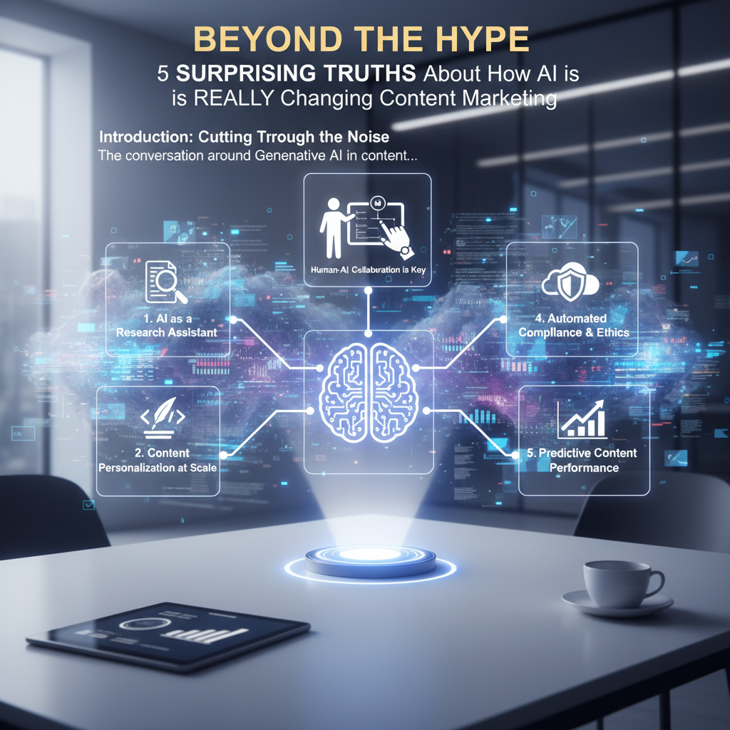 Futuristic office setting with a glowing digital brain hologram on a table. Text overlay reads "Beyond the Hype: 5 Surprising Truths About How AI is REALLY Changing Content Marketing." Five concepts are highlighted: "AI as a Research Assistant," "Content Personalization at Scale," "Human-AI Collaboration is Key," "Automated Compliance & Ethics," and "Predictive Content Performance." A tablet and coffee cup sit on the table.
