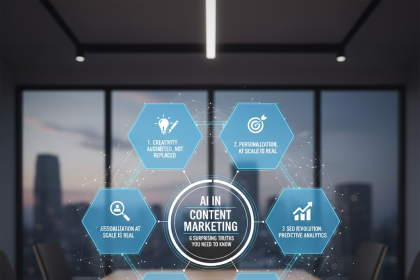 A conference room with a wooden table and a digital display featuring six blue hexagons around a central circle. The circle reads "AI in Content Marketing: 6 Surprising Truths You Need to Know." Each hexagon contains a title: 1. Creativity Augmented, Not Replaced, 2. Personalization at Scale is Real, 3. SEO Revolution: Predictive Analytics, 4. Personalization at Scale is Real, 5. ROI Measurement is More Accurate, 6. New Roles: Prompt Engineer & Strategist. The background shows large windows with a cityscape view.