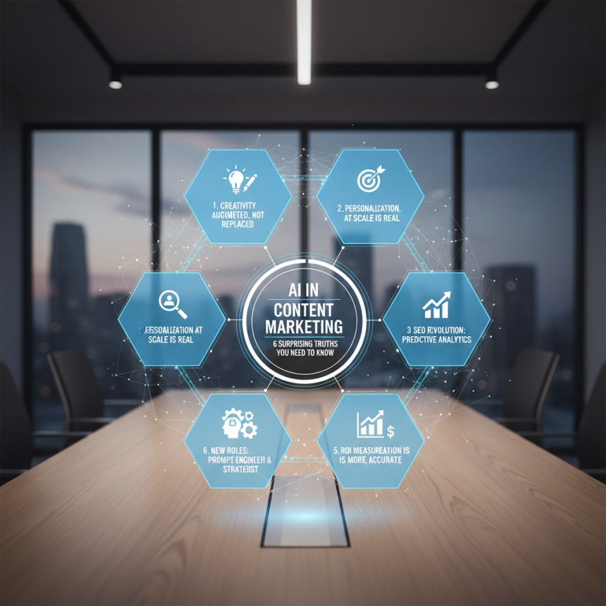 A conference room with a wooden table and a digital display featuring six blue hexagons around a central circle. The circle reads "AI in Content Marketing: 6 Surprising Truths You Need to Know." Each hexagon contains a title: 1. Creativity Augmented, Not Replaced, 2. Personalization at Scale is Real, 3. SEO Revolution: Predictive Analytics, 4. Personalization at Scale is Real, 5. ROI Measurement is More Accurate, 6. New Roles: Prompt Engineer & Strategist. The background shows large windows with a cityscape view.