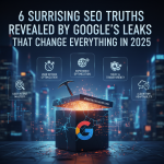 An open black box with a glowing interior and a hammer, featuring Google's logo. Text reads "6 Surprising SEO Truths Revealed by Google's Leaks That Change Everything in 2025." Icons represent "User Intent Mastery," "User Intent Optimization," "Experience Optimization," "Trust & Transparency," and "Algorithm Adaptability." Cityscape background with digital effects.