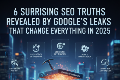 An open black box with a glowing interior and a hammer, featuring Google's logo. Text reads "6 Surprising SEO Truths Revealed by Google's Leaks That Change Everything in 2025." Icons represent "User Intent Mastery," "User Intent Optimization," "Experience Optimization," "Trust & Transparency," and "Algorithm Adaptability." Cityscape background with digital effects.
