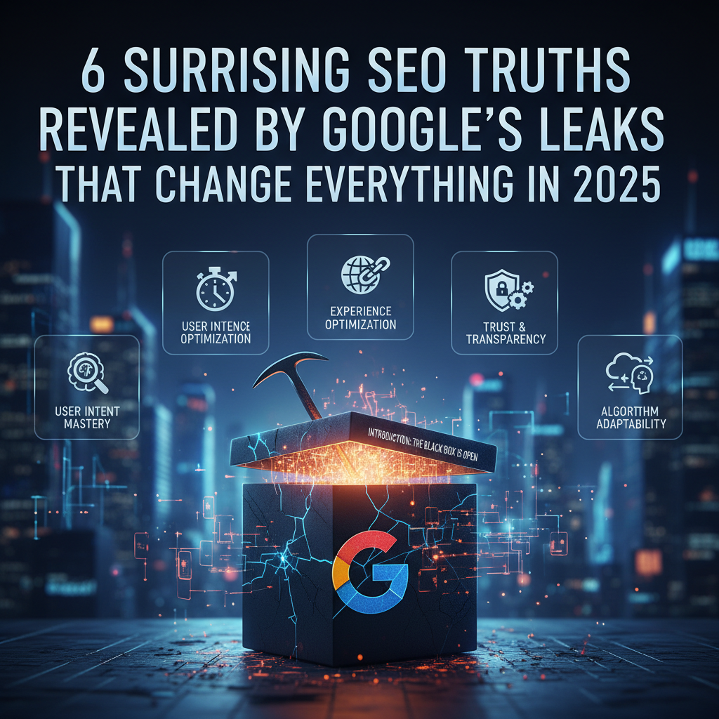 An open black box with a glowing interior and a hammer, featuring Google's logo. Text reads "6 Surprising SEO Truths Revealed by Google's Leaks That Change Everything in 2025." Icons represent "User Intent Mastery," "User Intent Optimization," "Experience Optimization," "Trust & Transparency," and "Algorithm Adaptability." Cityscape background with digital effects.