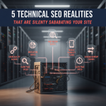 Server room with a central server unit connected to icons representing SEO issues: crawlability blocks, indexation issues, slow page speed, mobile usability flaws, and schema markup errors. Text above reads "5 Technical SEO Realities That Are Silently Sabotaging Your Site."