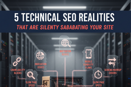 Server room with a central server unit connected to icons representing SEO issues: crawlability blocks, indexation issues, slow page speed, mobile usability flaws, and schema markup errors. Text above reads "5 Technical SEO Realities That Are Silently Sabotaging Your Site."