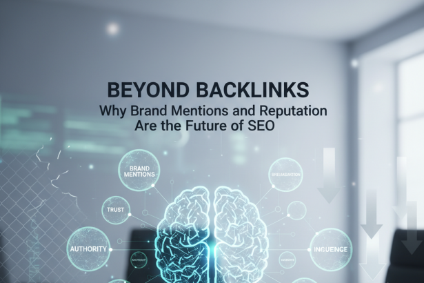 A digital illustration of a brain with glowing blue circuits on a glass table. Surrounding bubbles labeled "Brand Mentions," "Authority," "Trust," "Influence." Text above reads "BEYOND BACKLINKS: Why Brand Mentions and Reputation Are the Future of SEO." The background shows a blurred office setting.