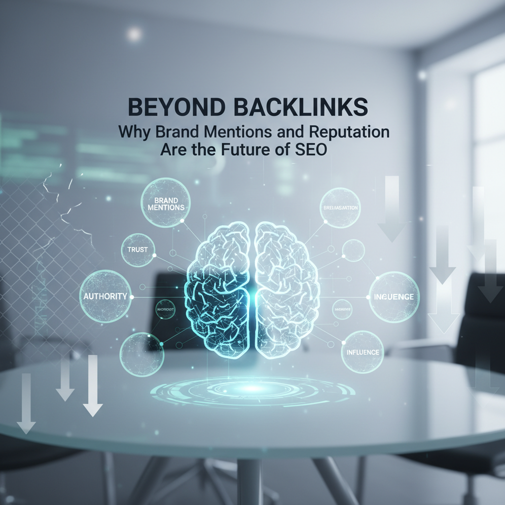 A digital illustration of a brain with glowing blue circuits on a glass table. Surrounding bubbles labeled "Brand Mentions," "Authority," "Trust," "Influence." Text above reads "BEYOND BACKLINKS: Why Brand Mentions and Reputation Are the Future of SEO." The background shows a blurred office setting.