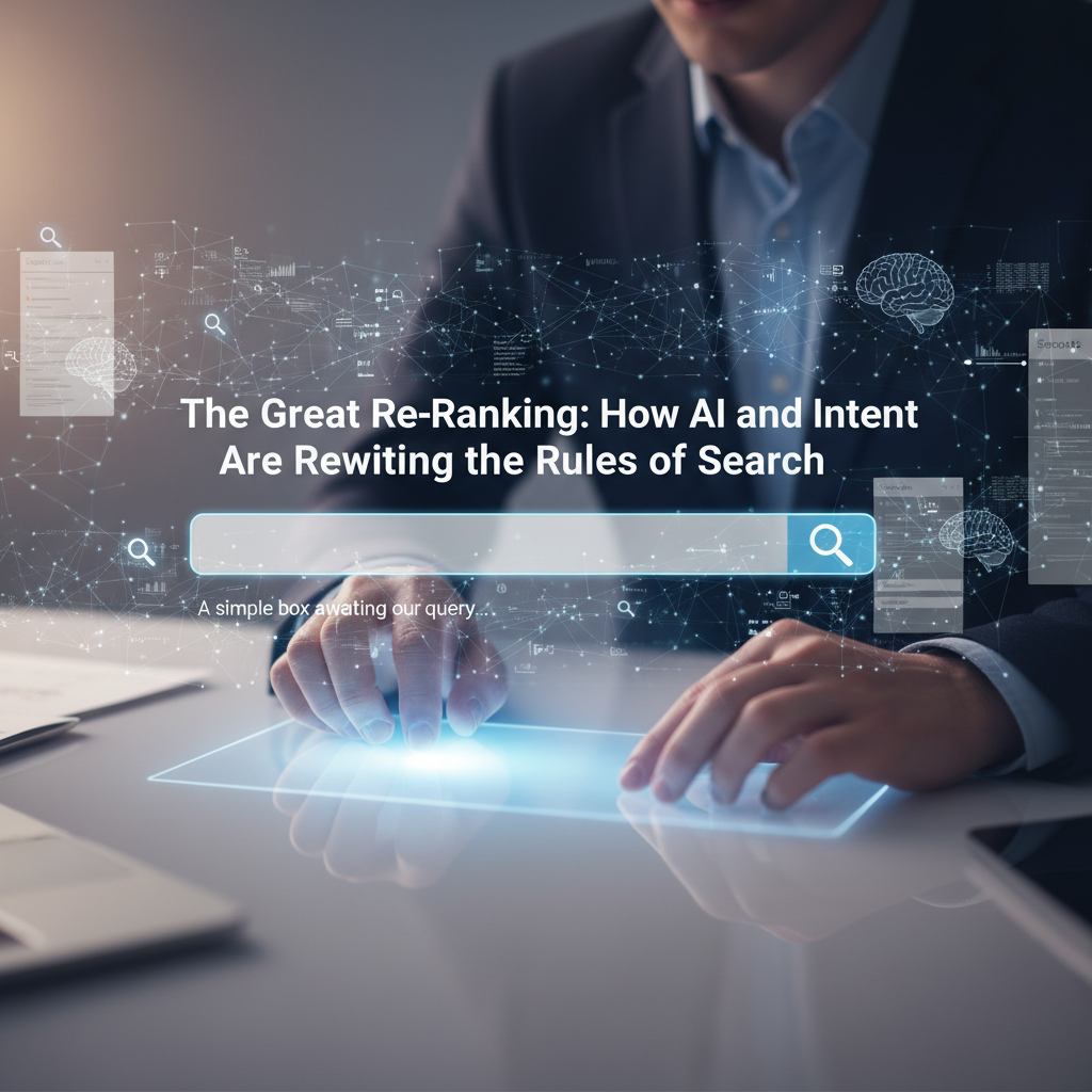 A person in a suit interacts with a glowing, futuristic touchscreen displaying a search bar. The text above reads, "The Great Re-Ranking: How AI and Intent Are Rewriting the Rules of Search." Digital brain and data graphics surround the scene.