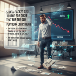 A man in a business setting looks puzzled, standing near a digital display showing SEO data for 2026. Charts indicate increased traffic and decreased revenue. Papers and an "Old Playbook" are scattered on the floor. Text on the screen highlights the difficulties despite high keyword rankings.