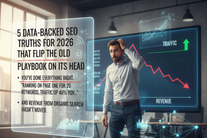 A man in a business setting looks puzzled, standing near a digital display showing SEO data for 2026. Charts indicate increased traffic and decreased revenue. Papers and an "Old Playbook" are scattered on the floor. Text on the screen highlights the difficulties despite high keyword rankings.
