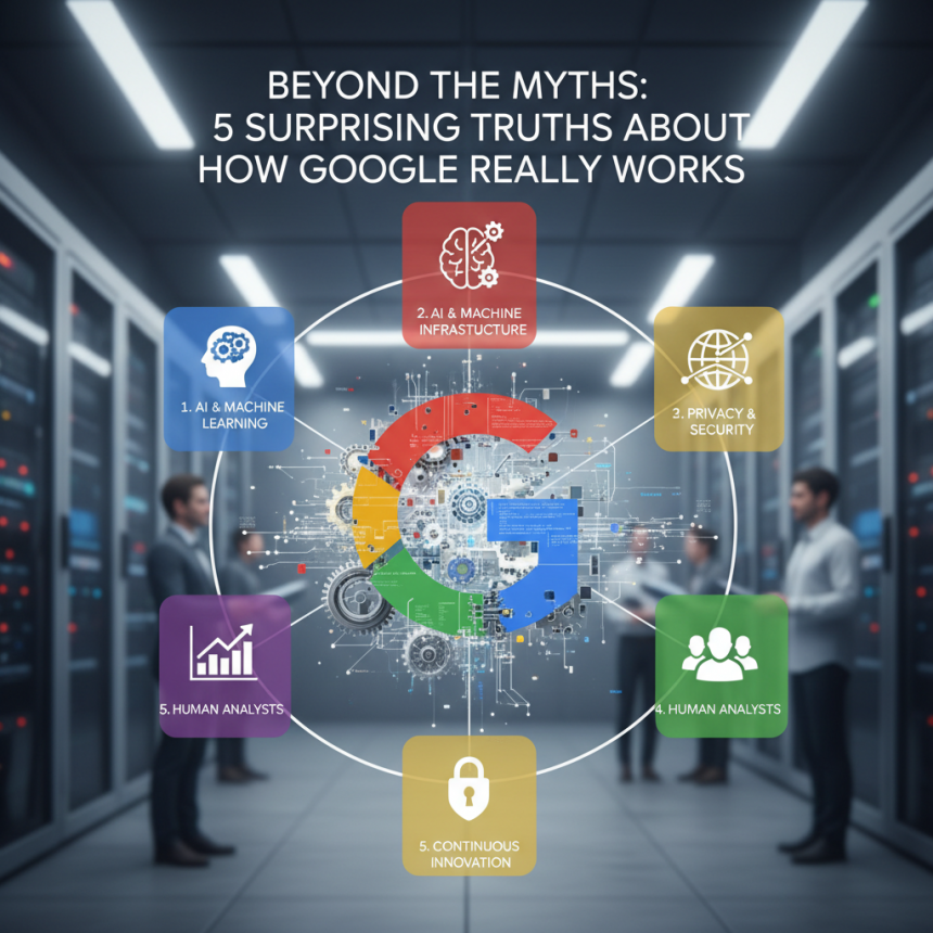 In a server room, a large Google "G" logo is surrounded by five icons representing AI & Machine Learning, AI & Machine Infrastructure, Privacy & Security, Human Analysts, and Continuous Innovation. Three people stand near server racks, engaged in discussion.