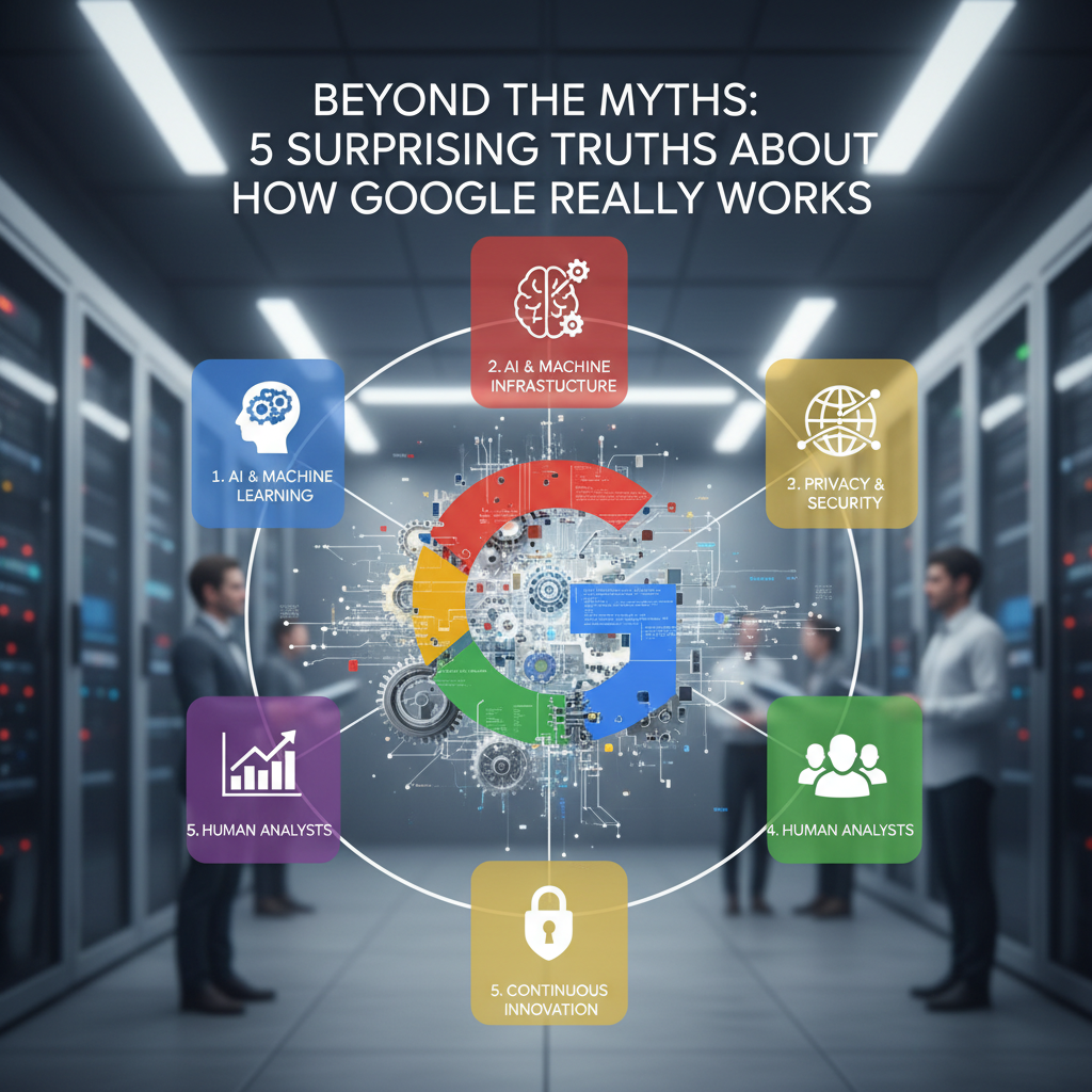 In a server room, a large Google "G" logo is surrounded by five icons representing AI & Machine Learning, AI & Machine Infrastructure, Privacy & Security, Human Analysts, and Continuous Innovation. Three people stand near server racks, engaged in discussion.